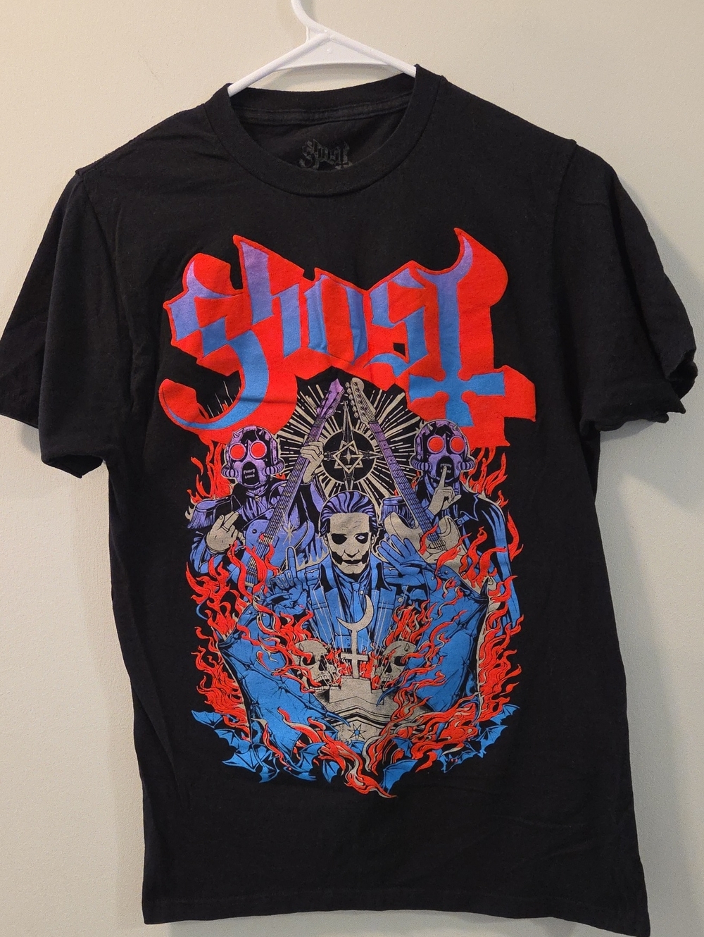 Ghost Band Black Graphic Tee with Red & Blue Artwork
